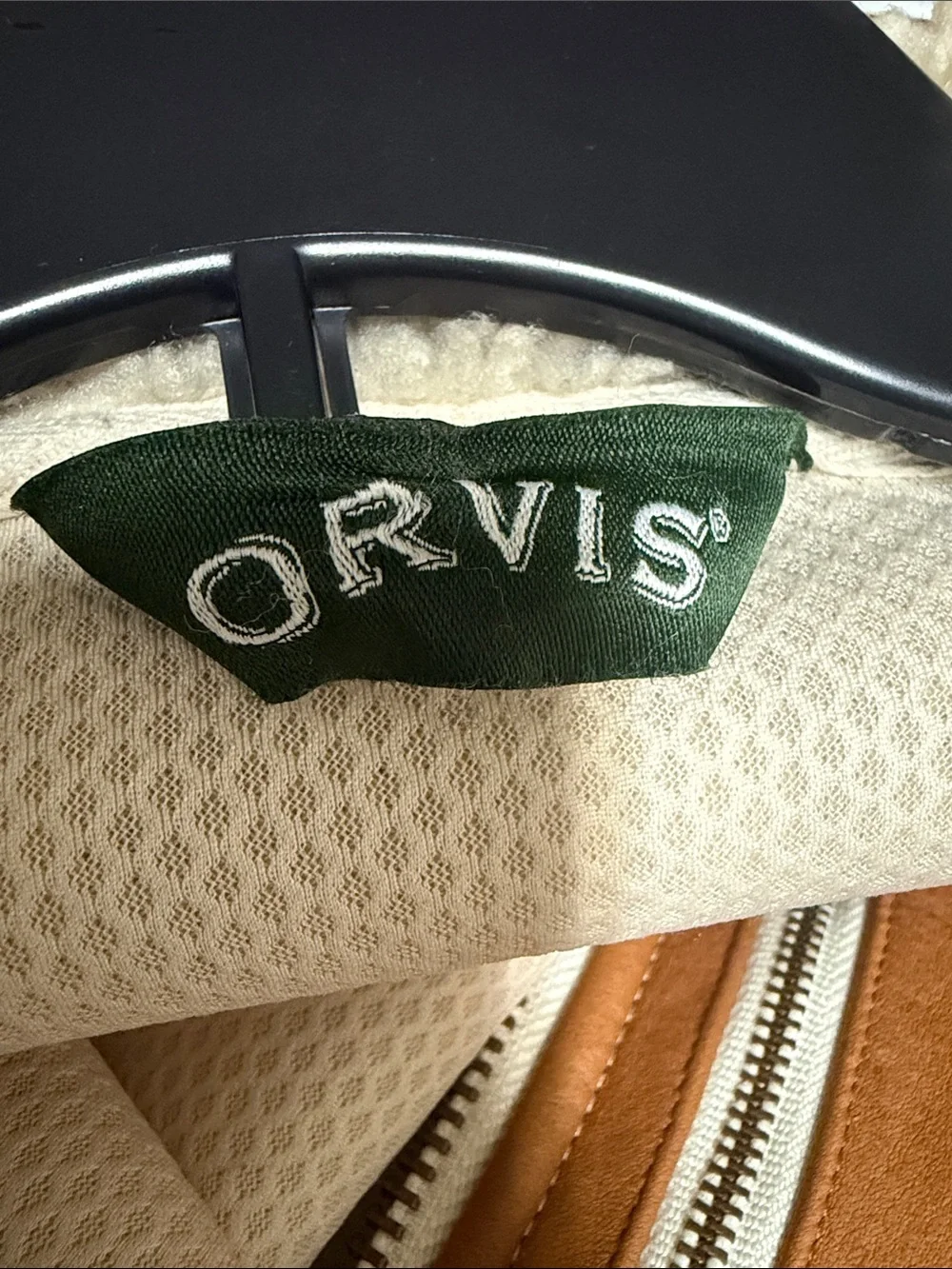 Orvis Sherpa Fleece Jacket, Contrasting Chest pocket & 100% Brown Leather Trim.